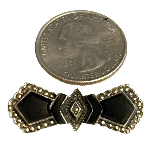 925 Sterling Silver Marcasite Black Onyx Bow Bar Brooch Pin Vintage 1” - Picture 5 of 5
